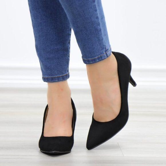 Black Suede Pointy Toe Kitten Low Heel Pumps - Picture 9 of 13